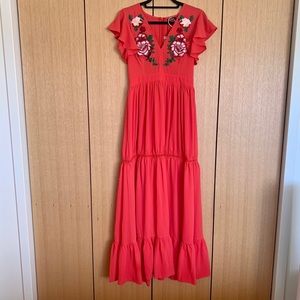 COPY - Coral Embroidered Ruffle Hem Maxi Dress